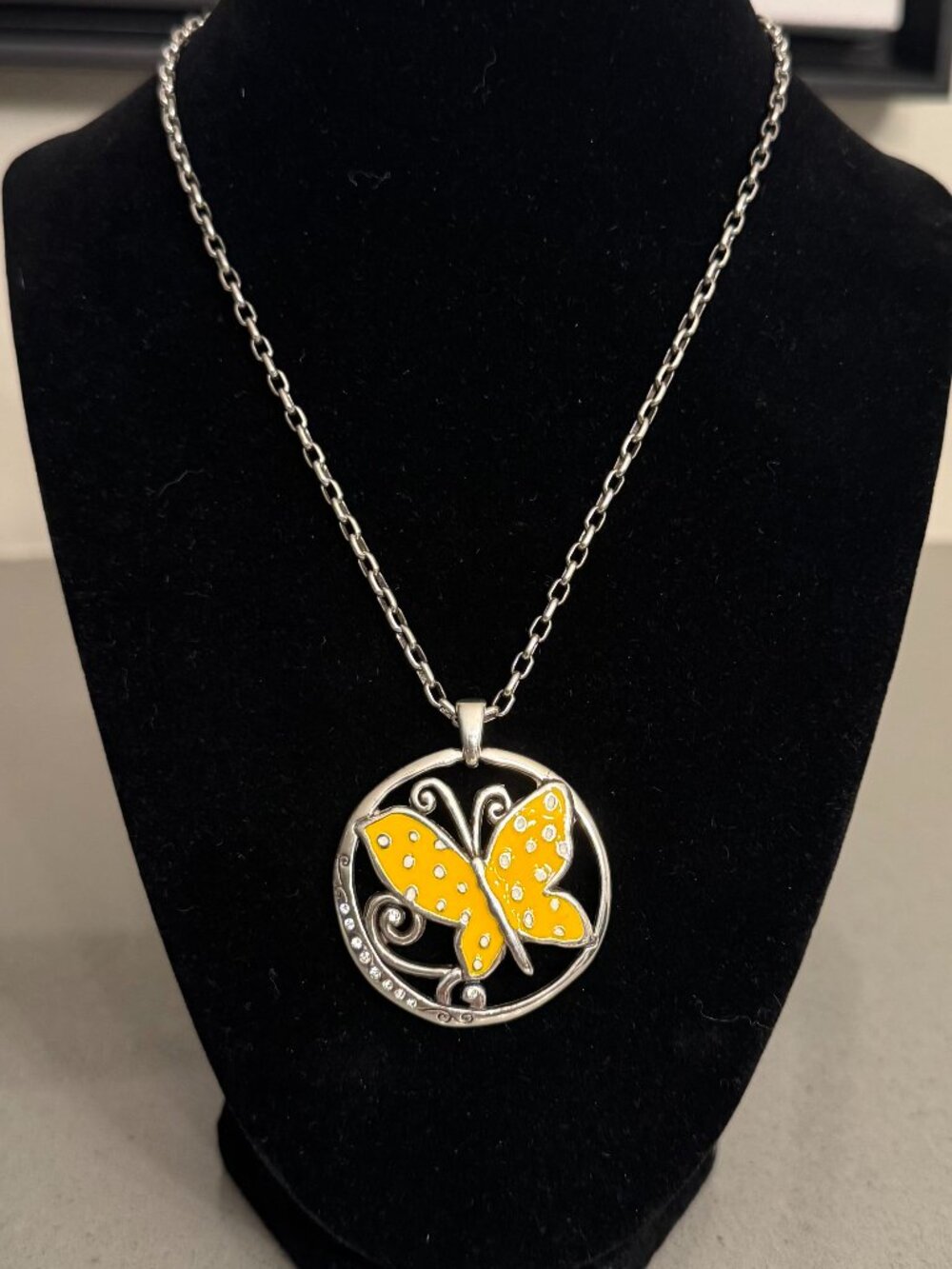Brighton Butterfly Necklace, yellow & white polka-dot enamel butterfly